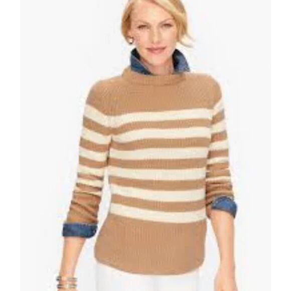 Talbots Womens Petite Medium Mock Neck Sweater Shaker Stitch Tan Cream Stripe - Picture 1 of 11